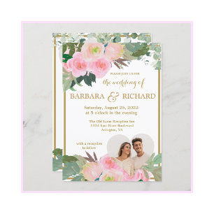 Blush Pink Gold Romantic Floral Photo QR Wedding Invitation