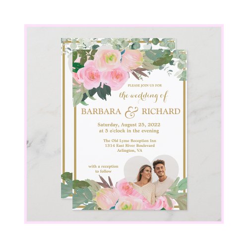 Blush Pink Gold Romantic Floral Photo QR Wedding   Invitation