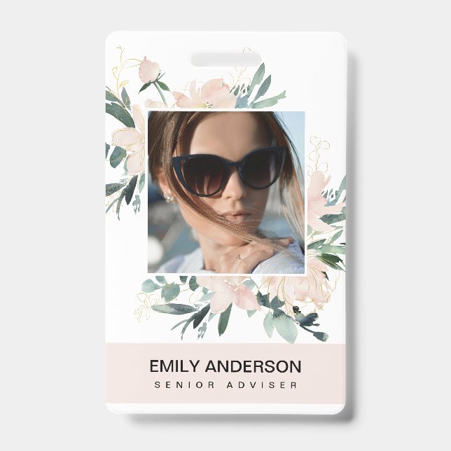BLUSH PINK GOLD ROSE FLORAL PHOTO LOGO IDENTITY BADGE (Front)