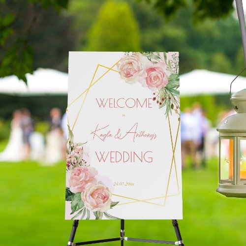 Blush pink gold rose floral wedding welcome sign