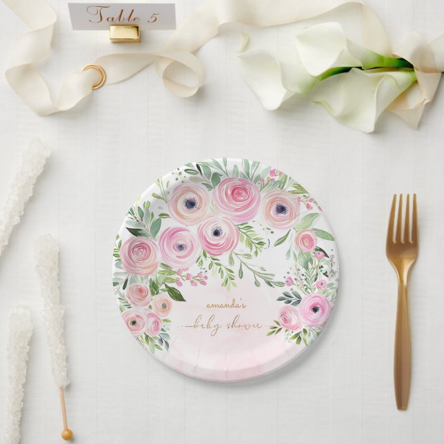 Blush Pink Gold Roses Baby Girl Shower Paper Plates (Wedding)