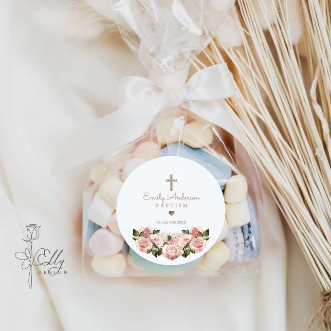 Blush Pink Gold Roses Christening Favor  Classic Round Sticker (Creator Uploaded)
