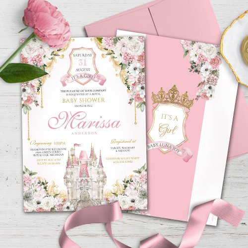 Blush Pink Gold Royal Castle Princess Baby Shower Invitation