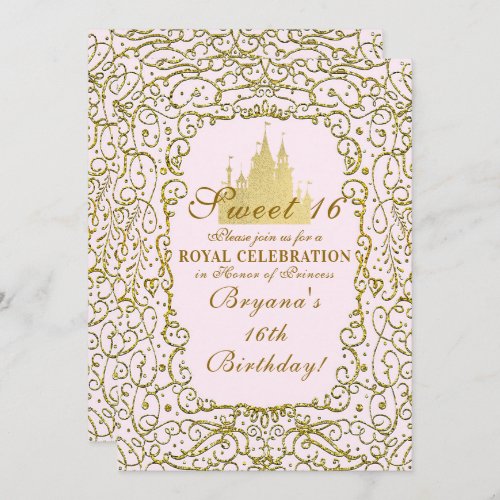 Blush Pink  Gold Royal Castle Princess Sweet 16 Invitation