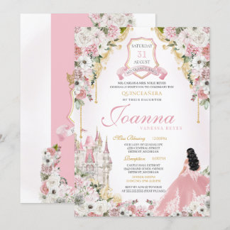 Blush Pink Gold Royal Princess Castle Quinceanera Invitation