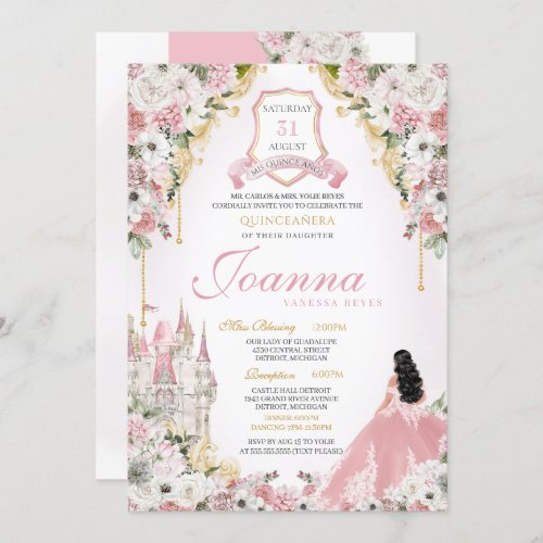 Blush Pink Gold Royal Princess Castle Quinceanera Invitation