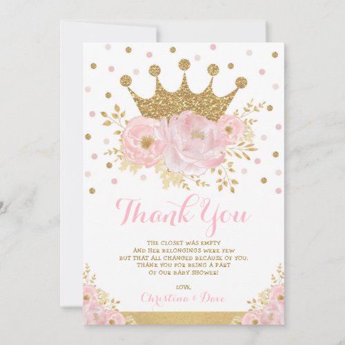 Blush Pink Gold Royal Princess Crown Baby Girl Thank You Card
