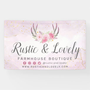 Blush Pink Gold Rustic Floral Antlers Social Media Banner