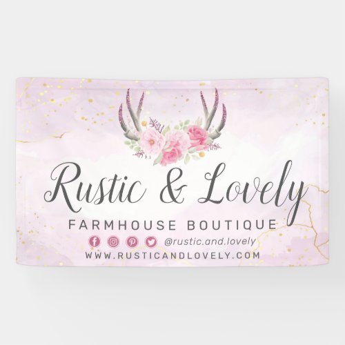 Blush Pink Gold Rustic Floral Antlers Social Media Banner