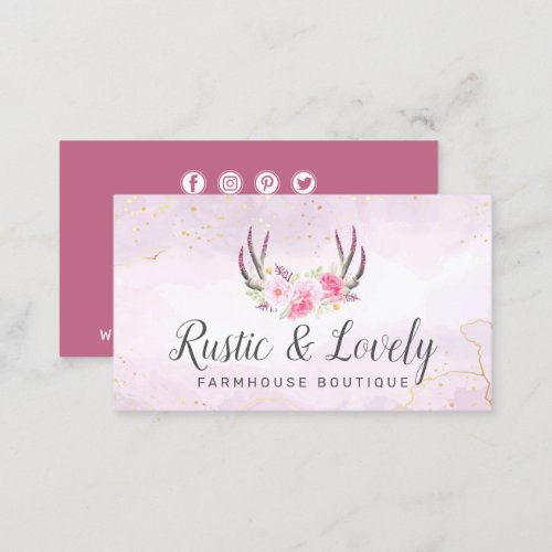 Blush Pink Gold Rustic Floral Antlers Social Media Business Card