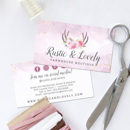 Blush Pink Gold Rustic Floral Antlers Social Media Business Card
