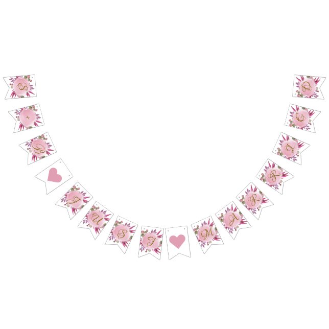 Blush Pink Gold Rustic Floral Elegant Wedding Bunting Flags (All)