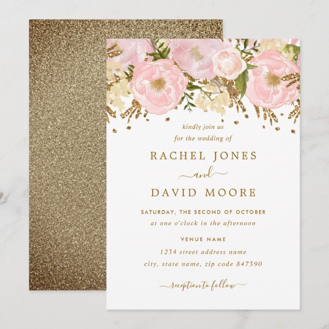 Blush Pink Gold Rustic Floral Wedding Invitation (Front/Back)