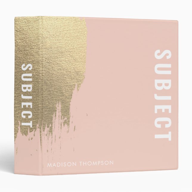 Blush Pink Gold School Subject Student Name 3 Ring Binder (Front/Spine)