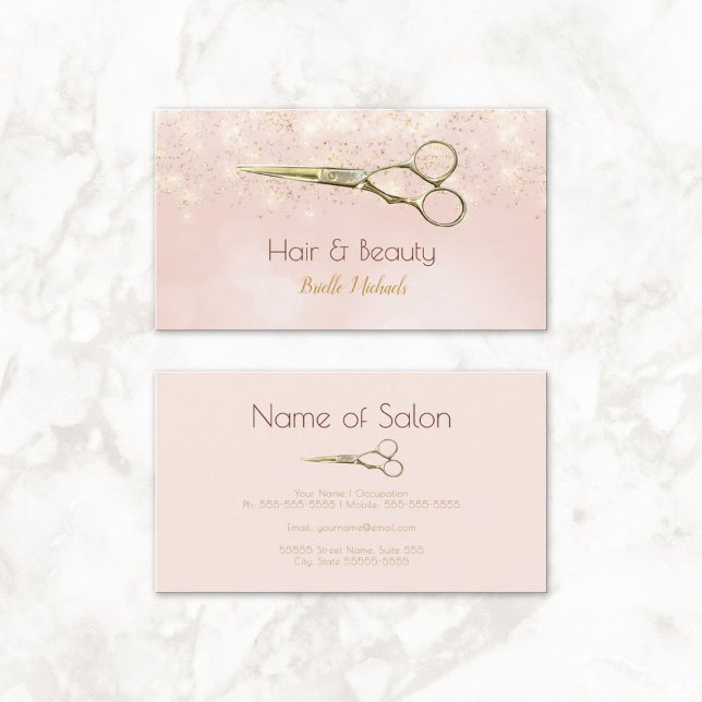 Blush Pink Gold Scissors Beauty Stylist Business Card (Luxury Hair Salon Gold Glitter Romantic Pink Bokeh Business Cards)