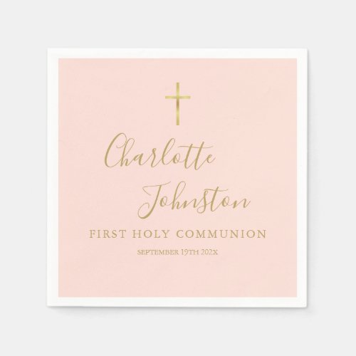 Blush Pink Gold Script First Holy Communion Napkins