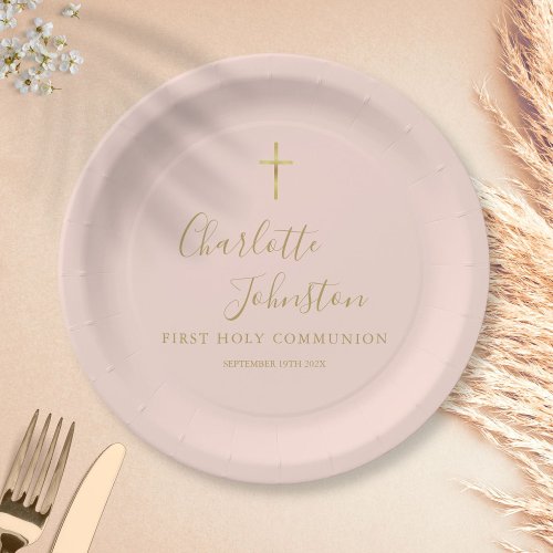 Blush Pink Gold Script First Holy Communion Paper Plates