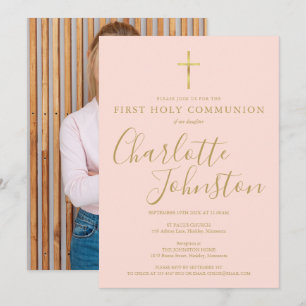 Blush Pink Gold Script First Holy Communion Photo Invitation