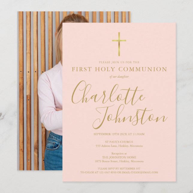 Blush Pink Gold Script First Holy Communion Photo Invitation (Front/Back)
