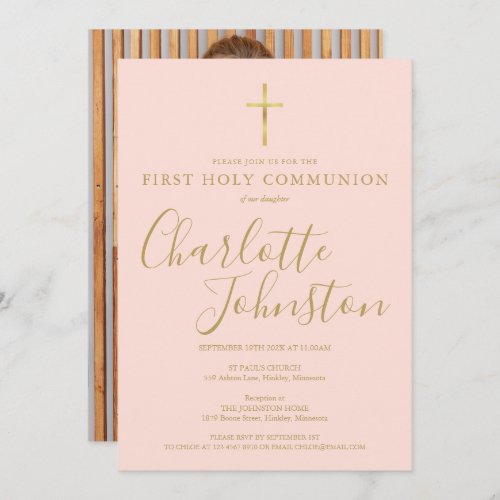 Blush Pink Gold Script First Holy Communion Photo Invitation