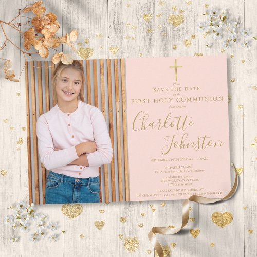 Blush Pink Gold Script First Holy Communion Photo Save The Date