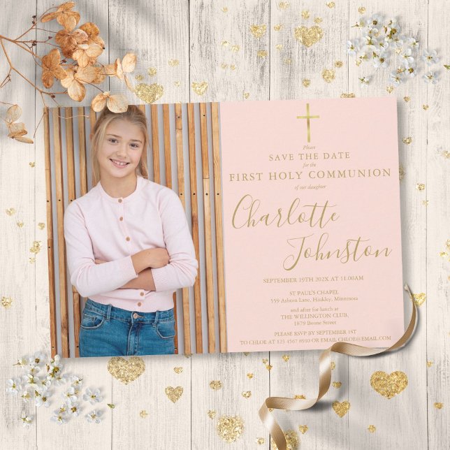 Blush Pink Gold Script First Holy Communion Photo Save The Date (Blush Pink Gold Script First Holy Communion Photo Save The Date)