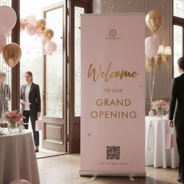 Blush Pink & Gold Script QR Welcome Logo Retractable Banner (Creator Uploaded)