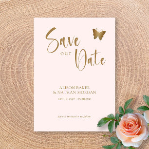 Blush Pink & Gold Script with Glitter Butterfly Save The Date