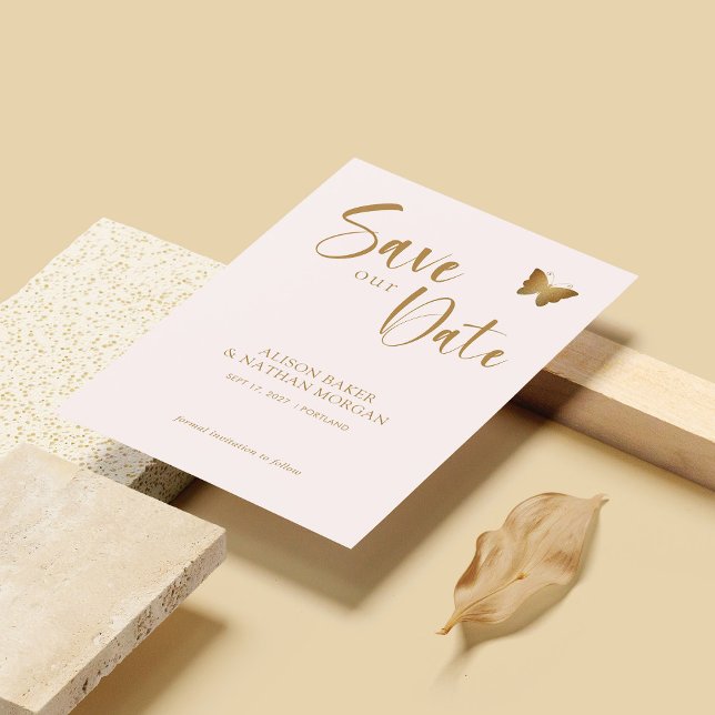 Blush Pink & Gold Script with Glitter Butterfly Save The Date (Personalized Blush Pink & Gold Script with Glitter Butterfly Save The Date)