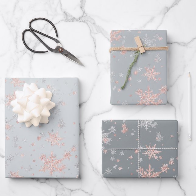 Blush Pink Gold & Silver Snowflakes Tones Of Gray  Wrapping Paper Sheets (Front)