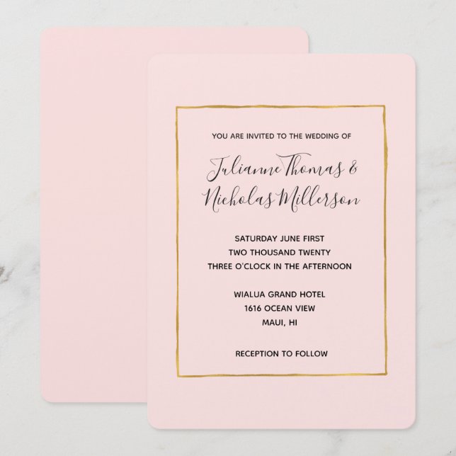 Blush Pink Gold Simple Chic Wedding Invites (Front/Back)