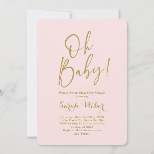 Blush pink gold simple elegant baby shower girl invitation