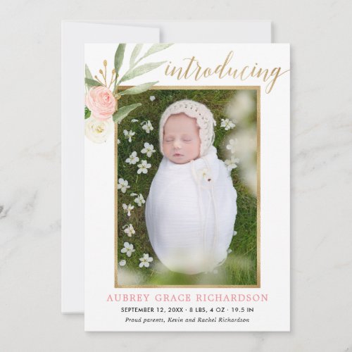 Blush pink gold simple girl birth announcement