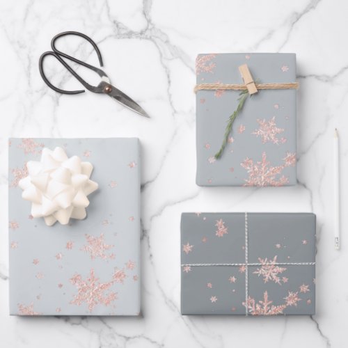 Blush Pink Gold Snowflakes Tones Of Gray Wrapping Paper Sheets