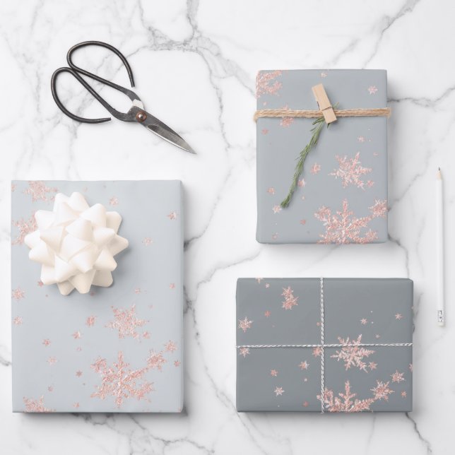 Blush Pink Gold Snowflakes Tones Of Gray Wrapping Paper Sheets (Front)