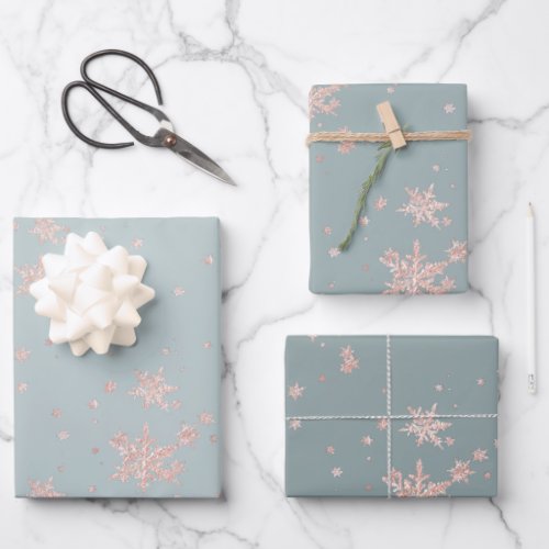 Blush Pink Gold Snowflakes Tones Of Slate Green Wrapping Paper Sheets