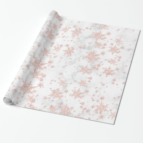 Blush Pink Gold Snowflakes White Marble Wrapping Paper