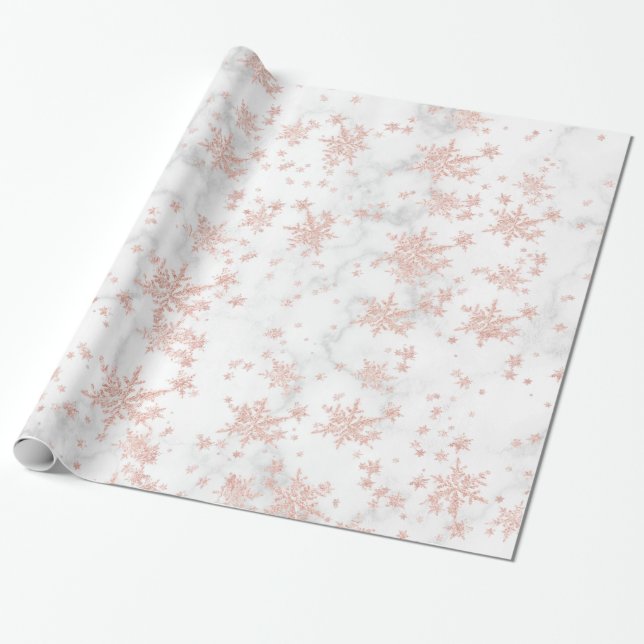 Blush Pink Gold Snowflakes White Marble Wrapping Paper (Unrolled)