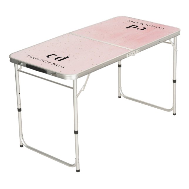Blush pink gold sparkles name monogram initials beer pong table (Angled)
