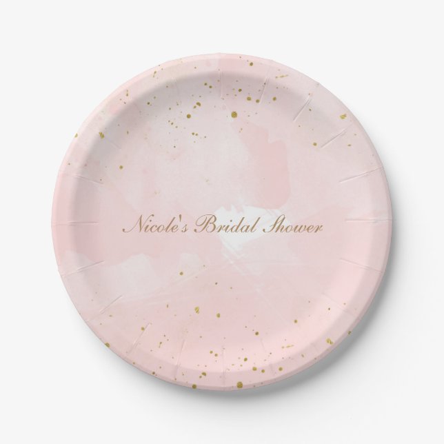 Blush Pink & Gold Splatter Modern Bridal Shower Paper Plates (Front)