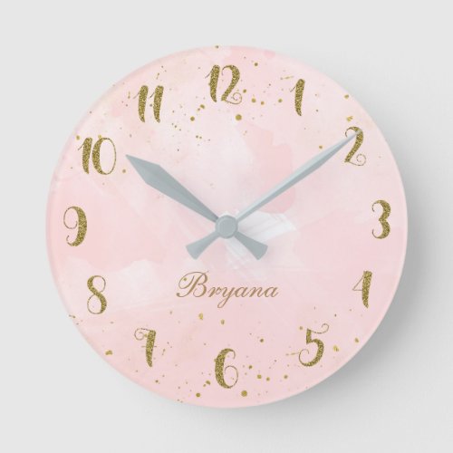 Blush Pink  Gold Splatter Modern Personalized Round Clock