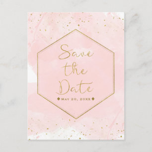Blush Pink & Gold Splatter Modern Save the Date Announcement Postcard