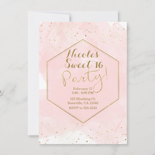 Blush Pink & Gold Splatter Modern Sweet 16 Party Invitation (Front)