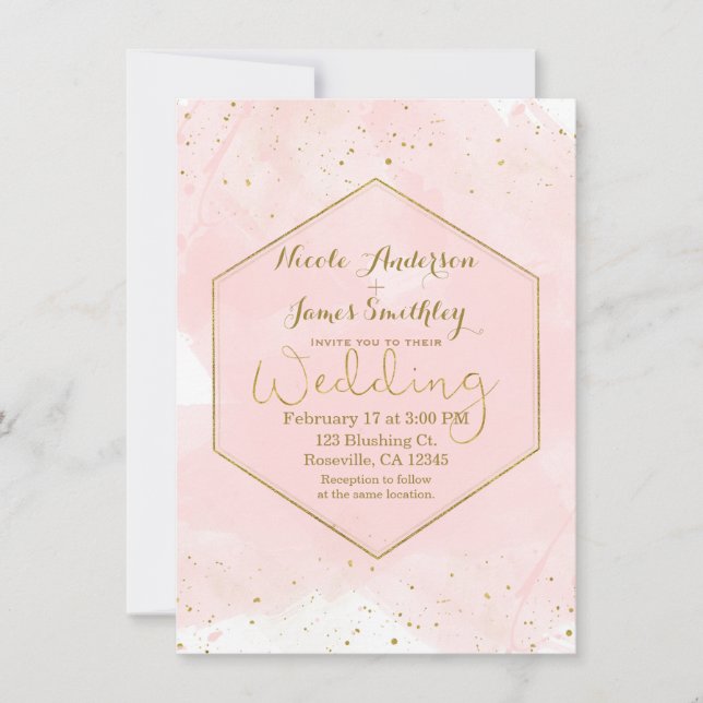 Blush Pink & Gold Splatter Modern Wedding Invitation (Front)