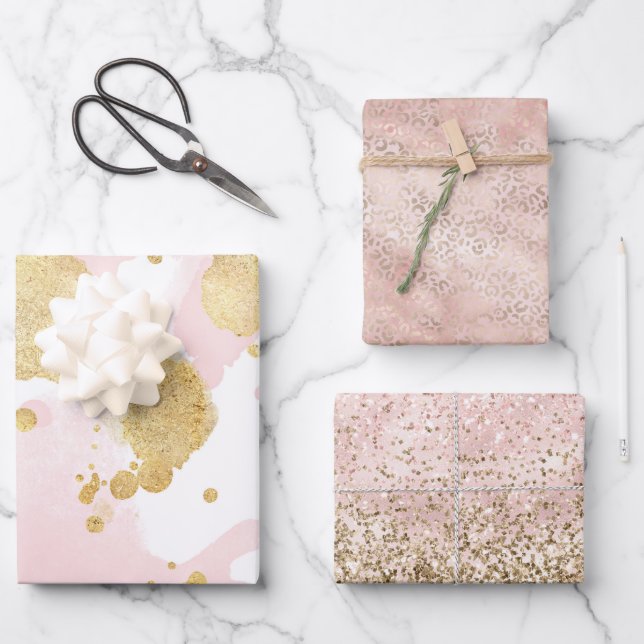 Blush Pink Gold Splatters Abstract Wrapping Paper Sheets (Front)