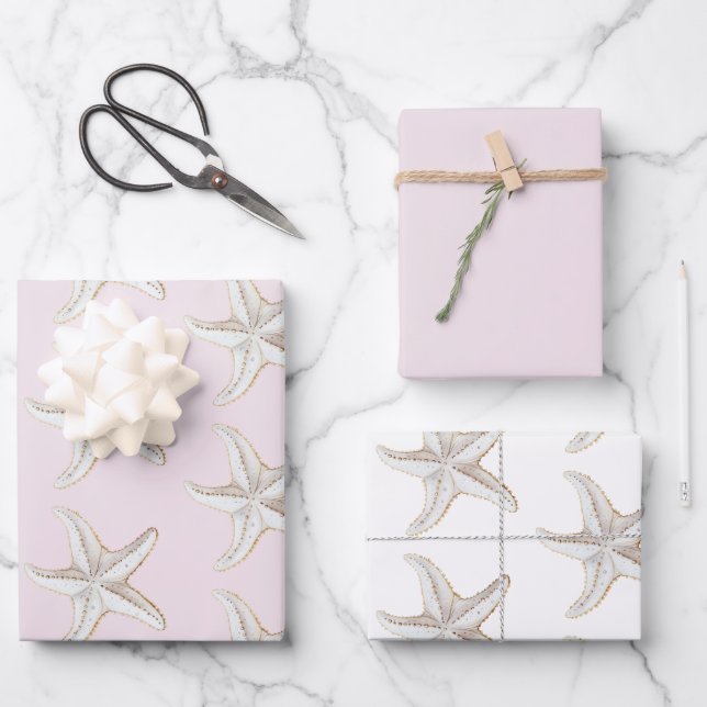 Blush Pink Gold Starfish Beach Bridal Shower Wrapping Paper Sheets (Front)