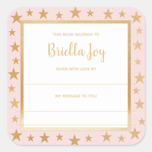 Blush pink gold stars baby shower bookplate (Front)