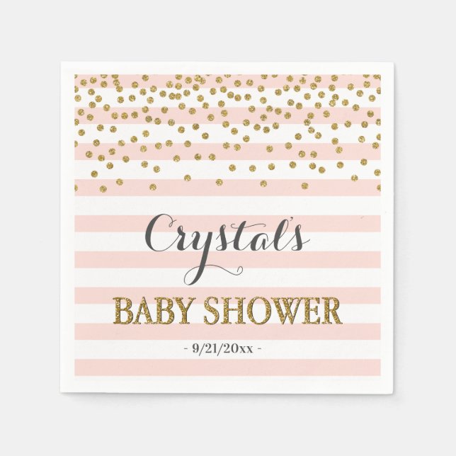 Blush Pink Gold Stripe Confetti Baby Girl Shower Napkins (Front)
