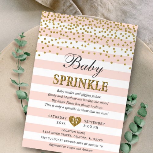 Blush Pink Gold Stripe Confetti Baby Girl Sprinkle Invitation