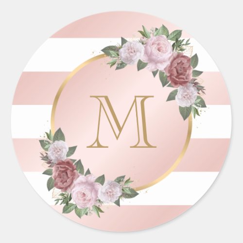Blush Pink Gold Striped Floral Monogram Classic Round Sticker